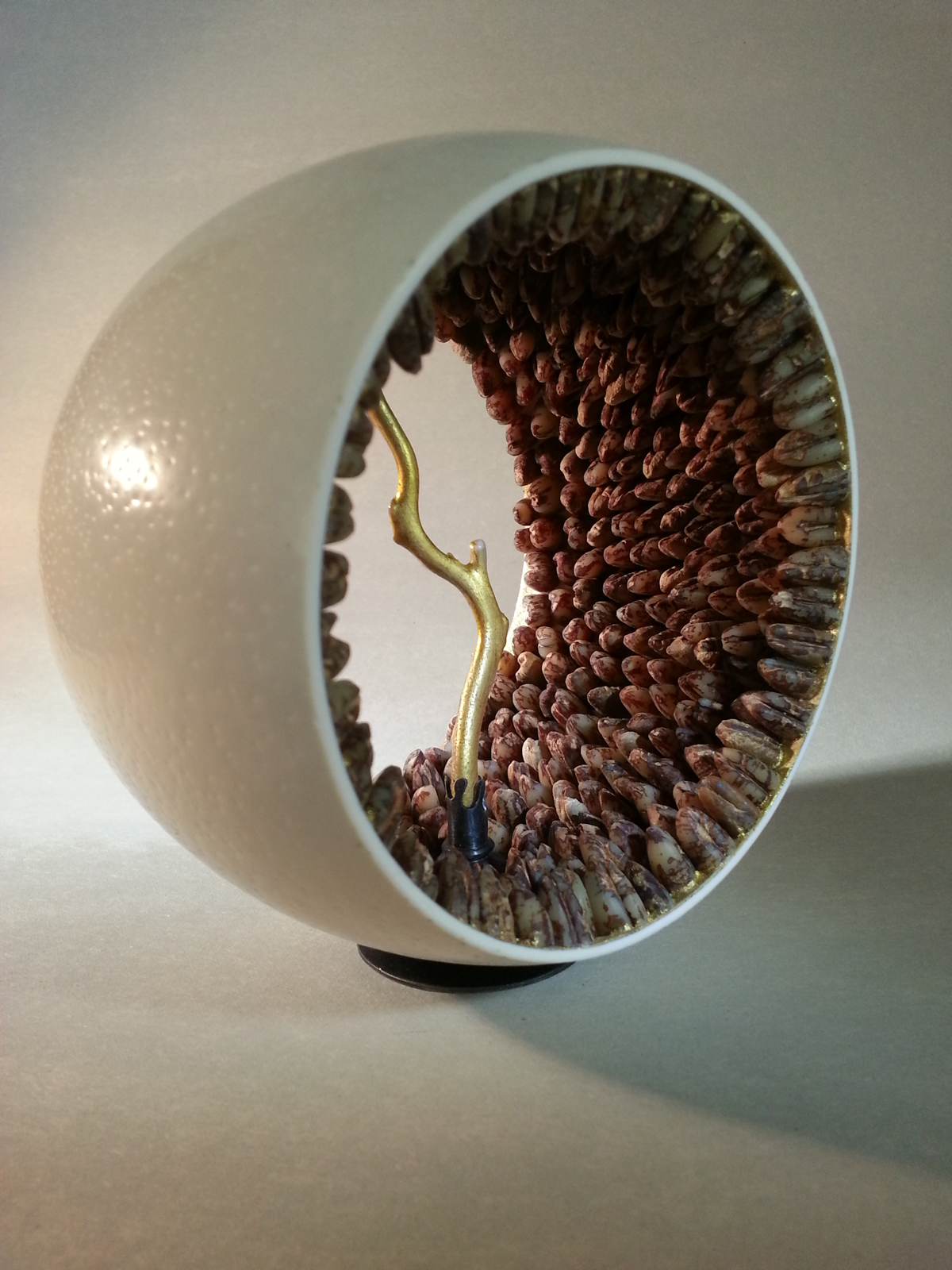 SEEDING AND FIRE II-sculpture oeuf d autruche noyaux de dattes corail dore 24cts maillechort-2015-Patricia Lemaire